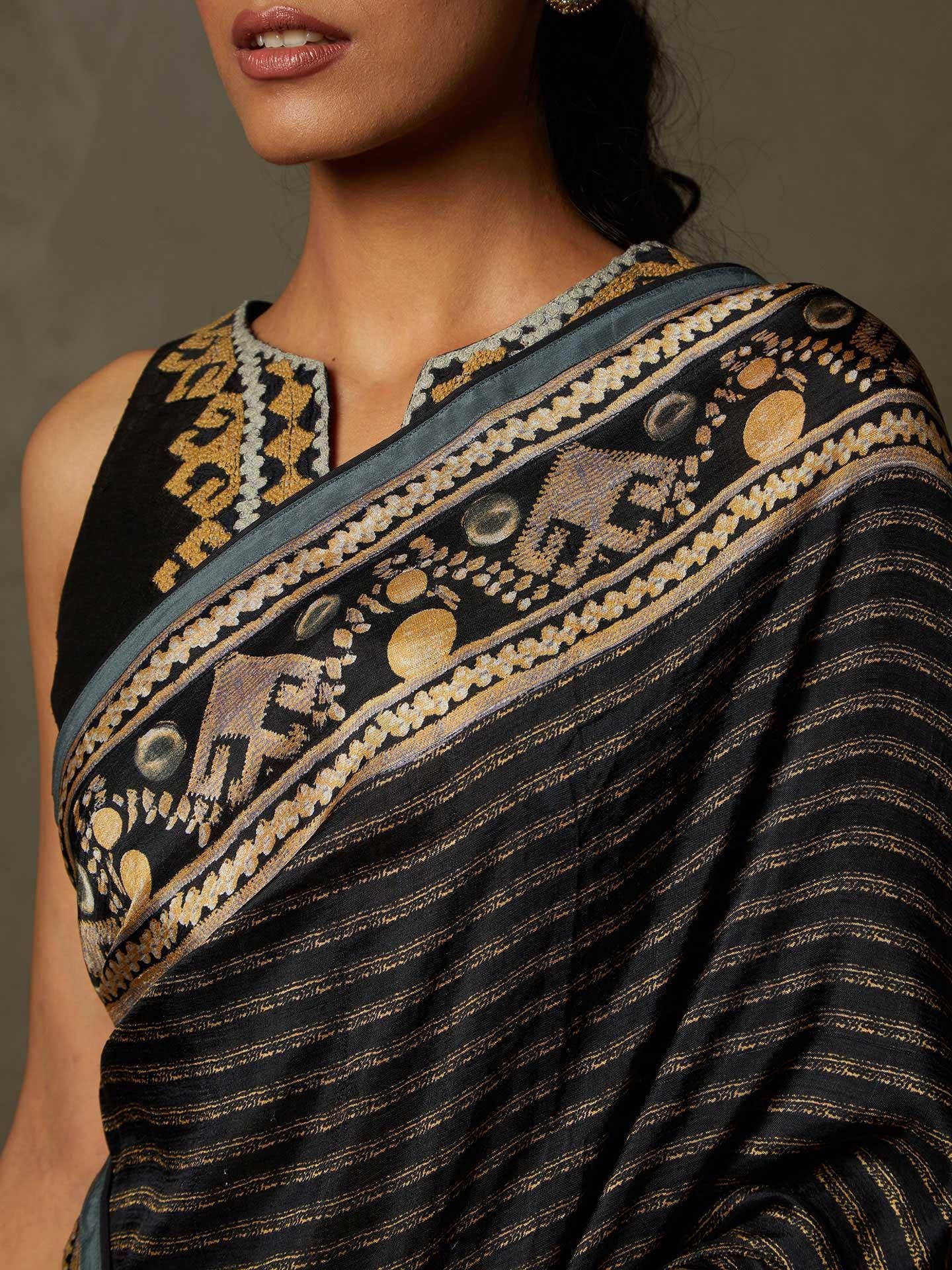 Black &amp; Beige Noni Saree With Stitched Blouse - View 2