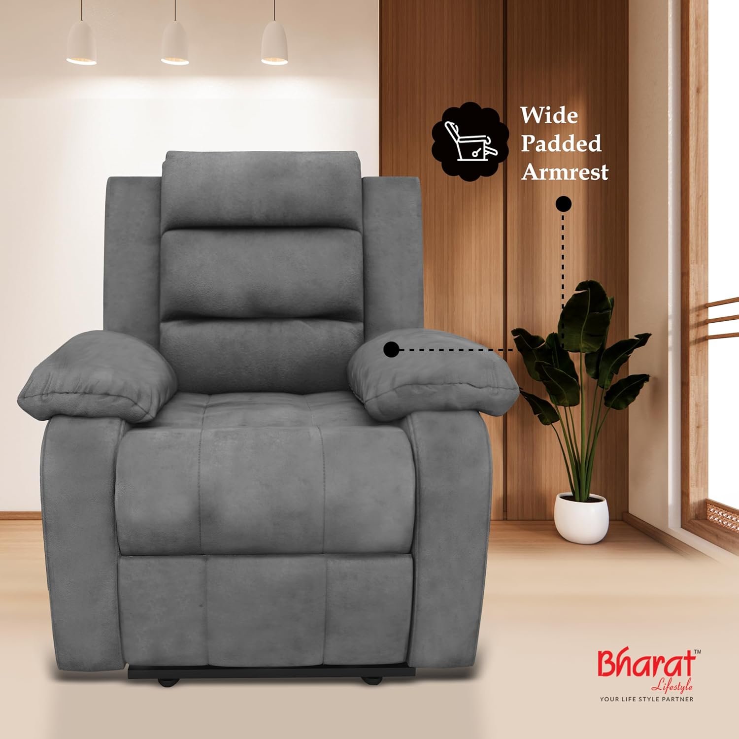Bharat Lifestyle Austin Manual Recliner | 1 Seater Chair Sofa | Single Sofa Recliner| 3 Comfort Position | Wooden Frame | Suede Fabric | 1 Seater Recliner for Living Room Bedroom,1 Year Warranty, Grey - View 3